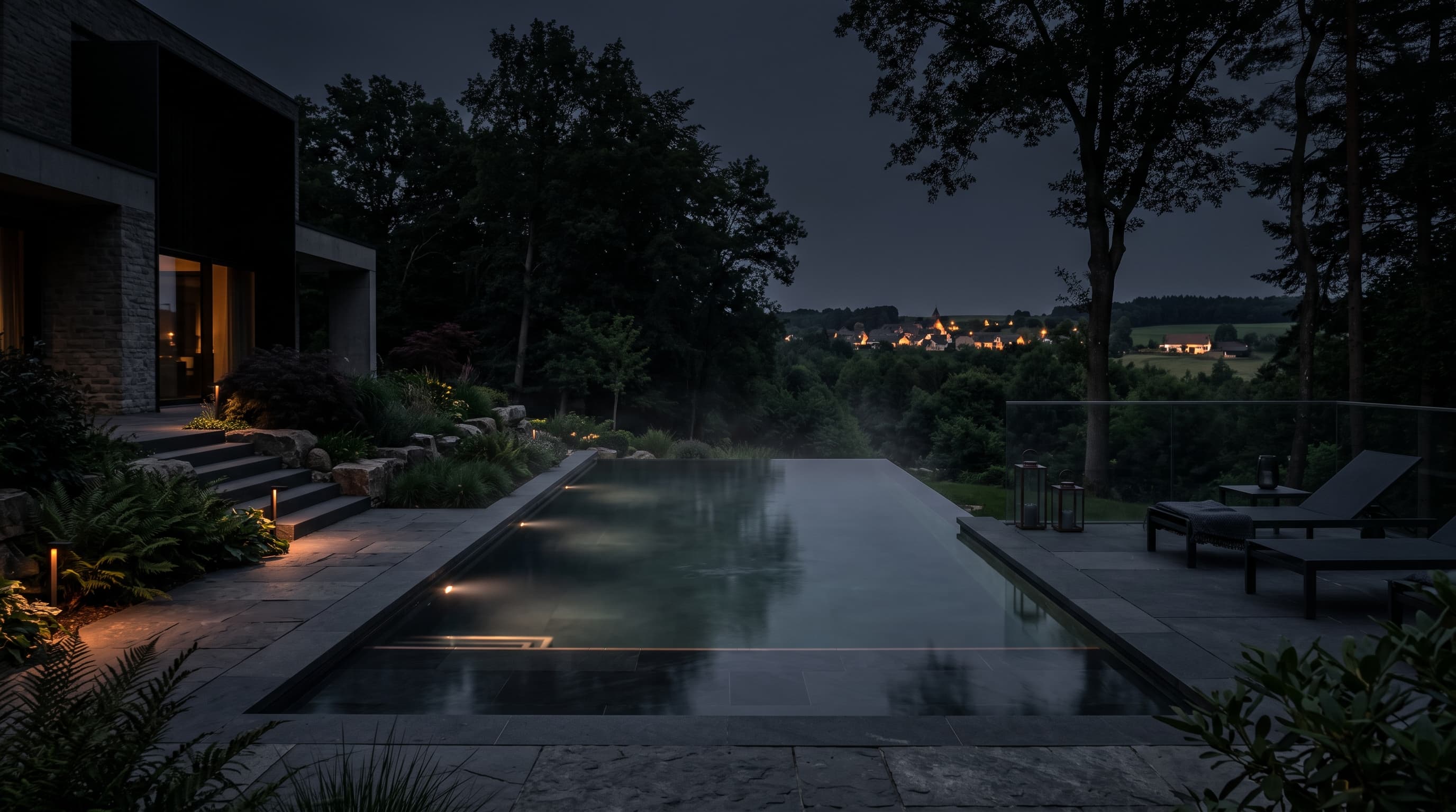 Jardin privé avec piscine la nuit, Grand-Duché de Luxembourg
